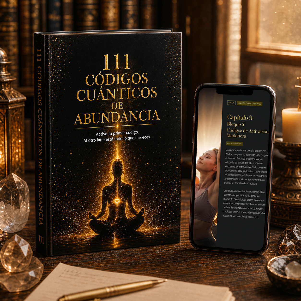 Libro 111 Códigos Cuánticos de Abundancia con mockup de ebook en móvil